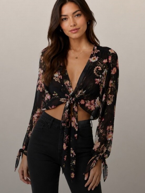 Patrons of Peace Tops - Patrons of Peace Floral Tie Front Blouse Small